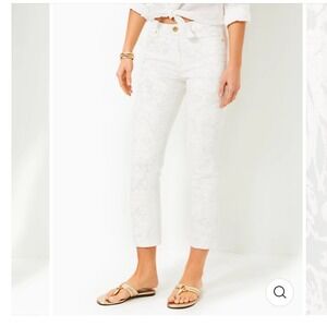 NWT Lilly Pulitzer Women's Sz 14 White Floral Liza High Rise Crop Flare Pants